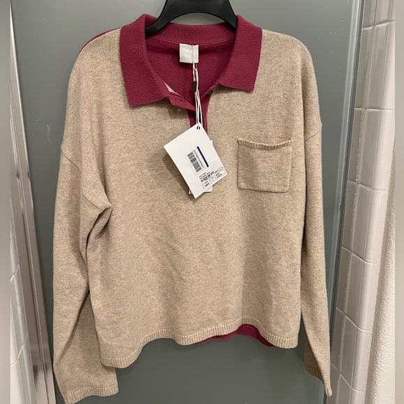 NEW Wool blend beige purple collared sweater - Picture 2 of 6